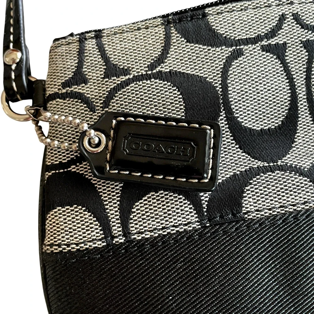 COACH Black Gray Signature Jacquard Stripe Leather Trim Wristlet Top Zip Bag Tag